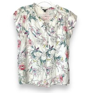 Buffalo David Bitton Top Floral White Pink Green Cotton Flowy Shortsleeve Size L